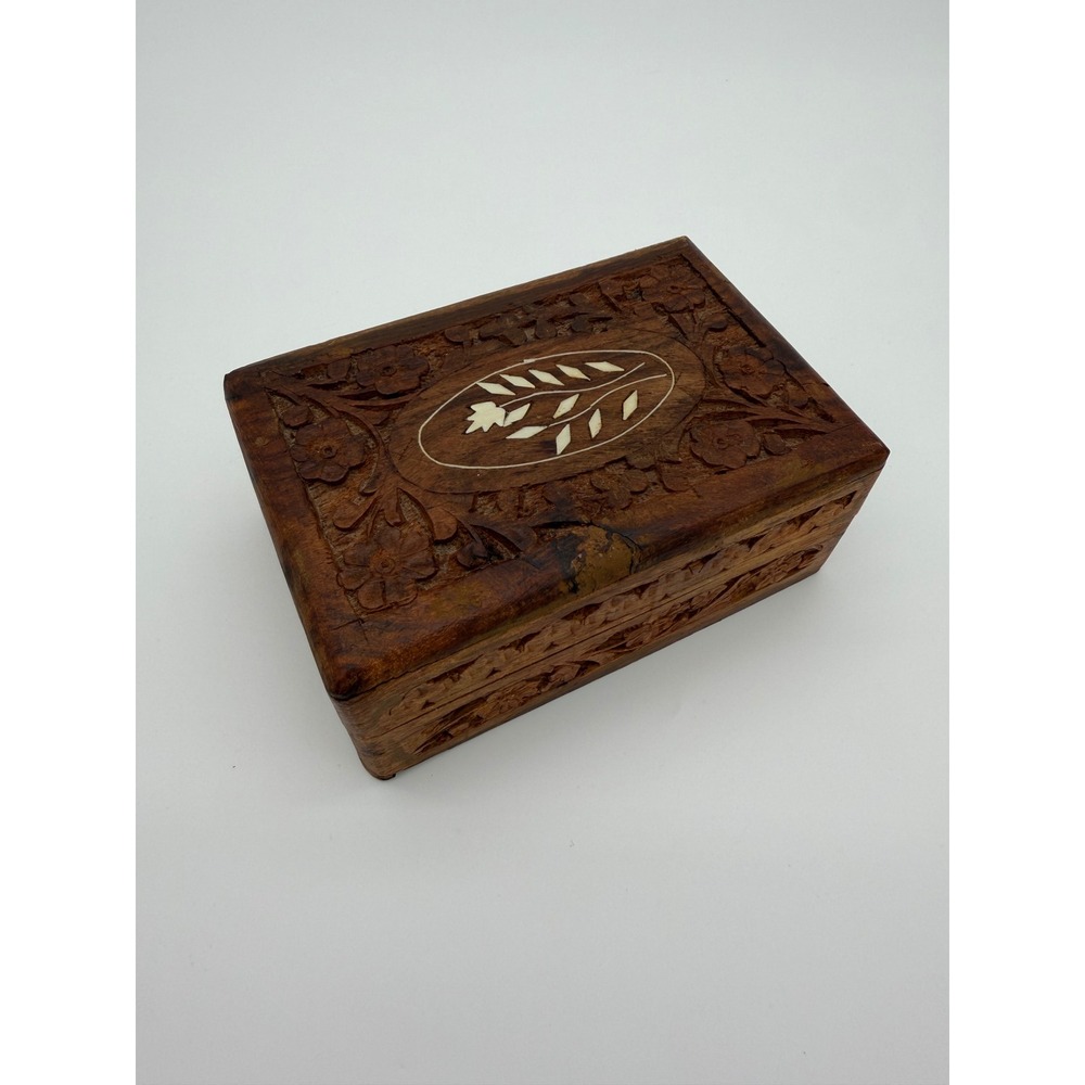 Vintage Hand Carved Wooden Box Floral Inlay Himalayan‎ Wood 6x4"